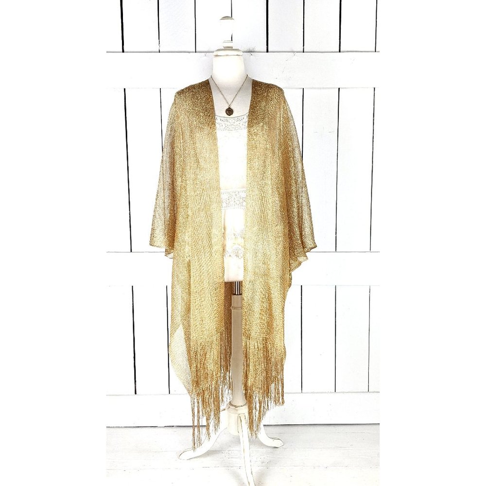 Metallic gold mesh tassel fringe kimono cardigan cover up jacket one size